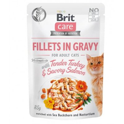 Brit care Cat pouch Вологий корм для кішок, філе індички та лосося в соусі 85г 100528/0501 фото
