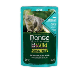 Monge BWild Wet Cod Fish Cat Влажный корм из щепы с креветками для взрослых кошек (кусочки в соусе) 85г