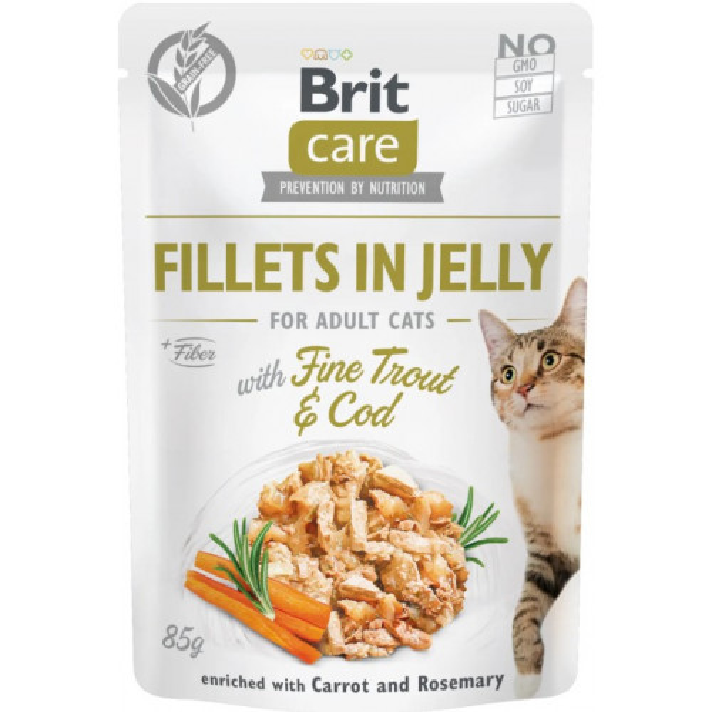 Brit care Cat pouch Влажный корм для кошек, треска и форель в желе 85г