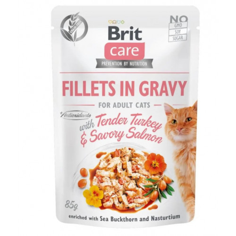 Brit care Cat pouch Влажный корм для кошек, филе индейки и лосося в соусе 85г