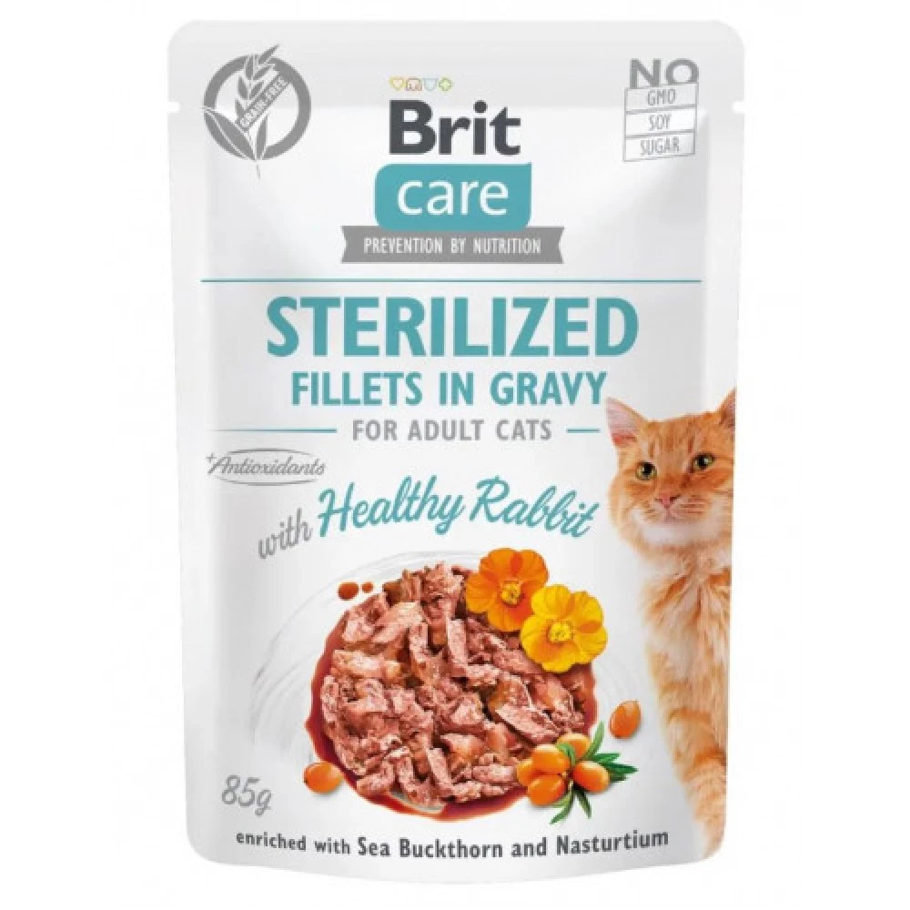 Brit care Cat pouch Adult Sterilised Влажный корм для стерилизованных кошек, филе кролика в соусе 85г