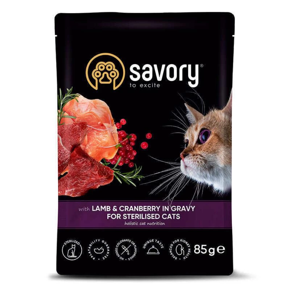 Savory Пауч для стерелизованных кошек и котов с ягненком и клюквой в соусе, 85г