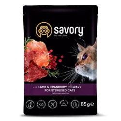 Savory Пауч для стерелизованных кошек и котов с ягненком и клюквой в соусе, 85г Savory Пауч для стерелизованных кошек и котов с ягненком и клюквой в соусе, 85г