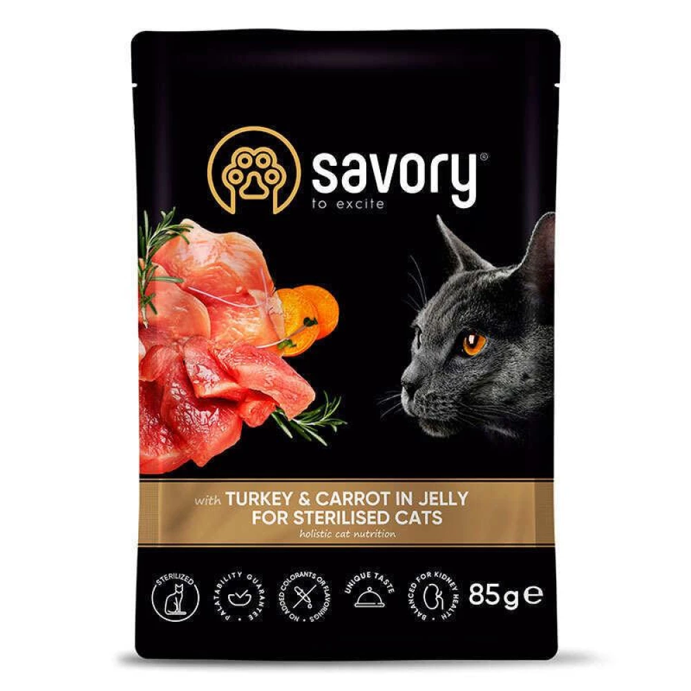 Savory Пауч для стерелизованных кошек и котов с индейкой и морковью в желе, 85г