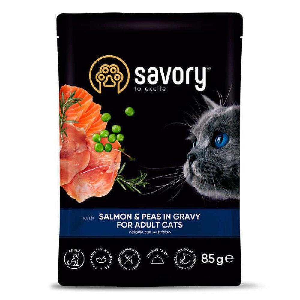 Savory Пауч для взрослых кошек с лососем и горошком в соусе, 85г