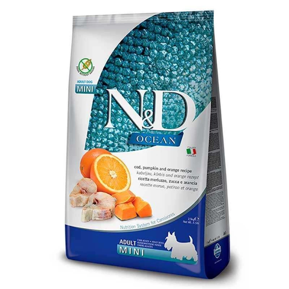Farmina N&D Ocean Cod,Pumpkin, Orange Беззерновой корм с треской, апельсином собак рис. пород, 800г