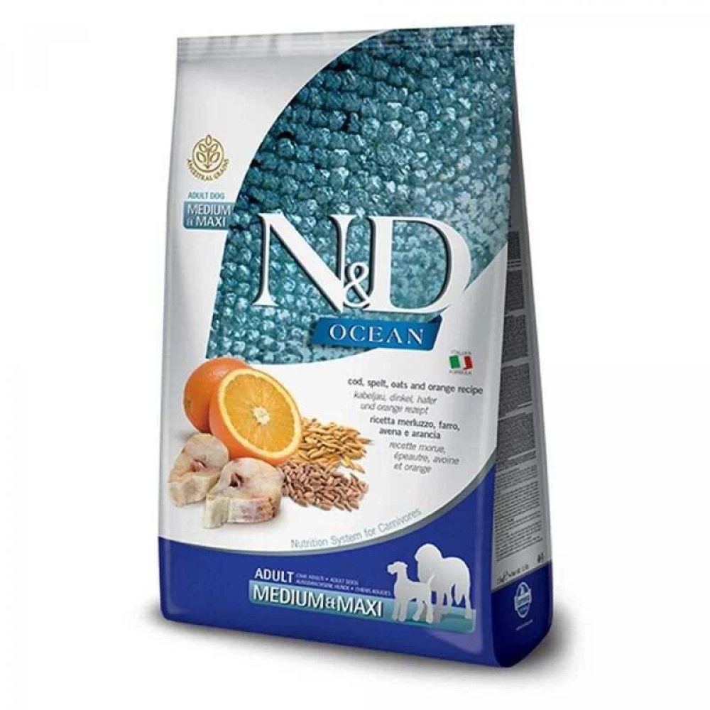 Farmina N&D Ocean Cod, Spelt, Oats & Orange Adult Medium & Maxi для собак 12 кг