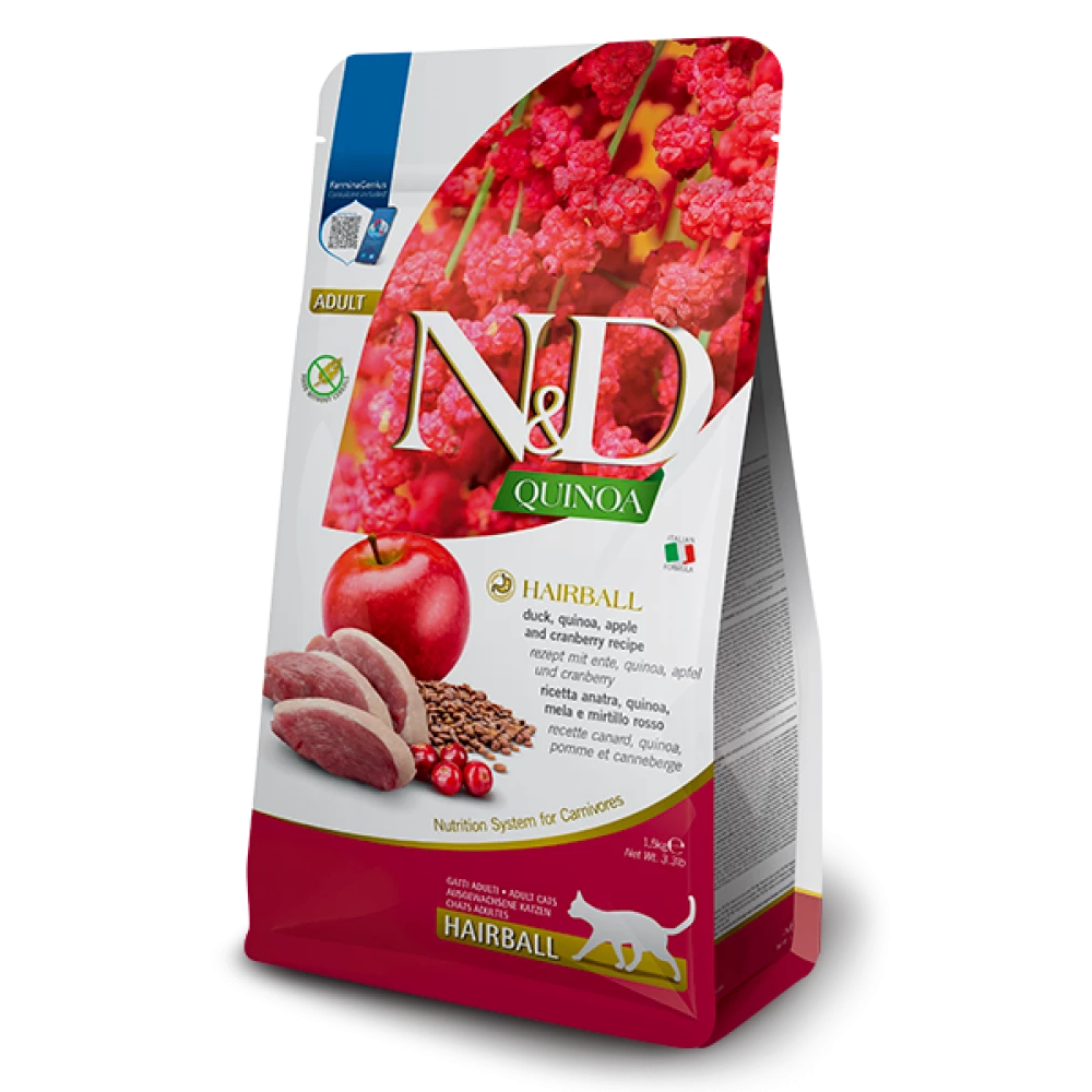 Сухой корм Farmina N&D Quinoa Hairball для кошек с уткой киноа яблоко и клюква 1.5 кг