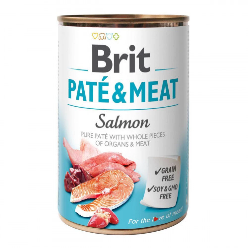 Brit Pate & meat dog Salmon Влажный корм консерва для собак, курица и лосось, 400г
