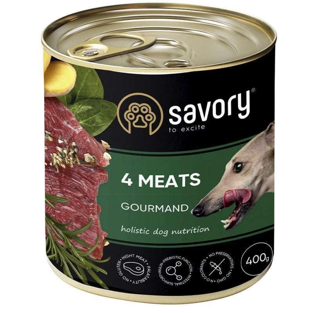 Savory Dog Gourmand 4 meats Влажный корм с четырьмя видами мяса для взрослых собак гурманов всех пород 400г