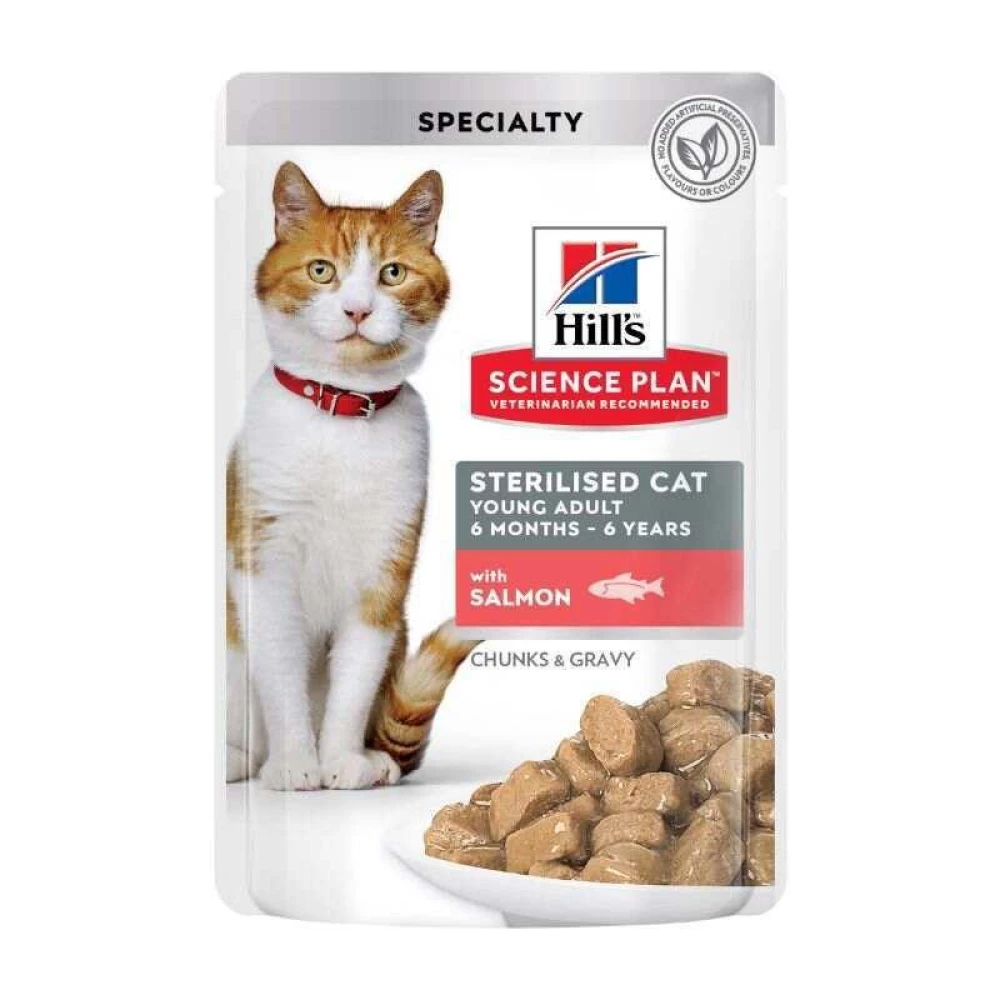 Hill“s SP Young Adult Sterilised Salmon Влажный корм для стерилизованных кошек, лосось (кусочки в соусе) 85г