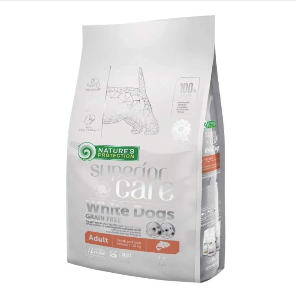 Nature“s Protection White dogs Adult Small Корм для взрослых собак малых пород с белой шерстью, лосось 1.5кг