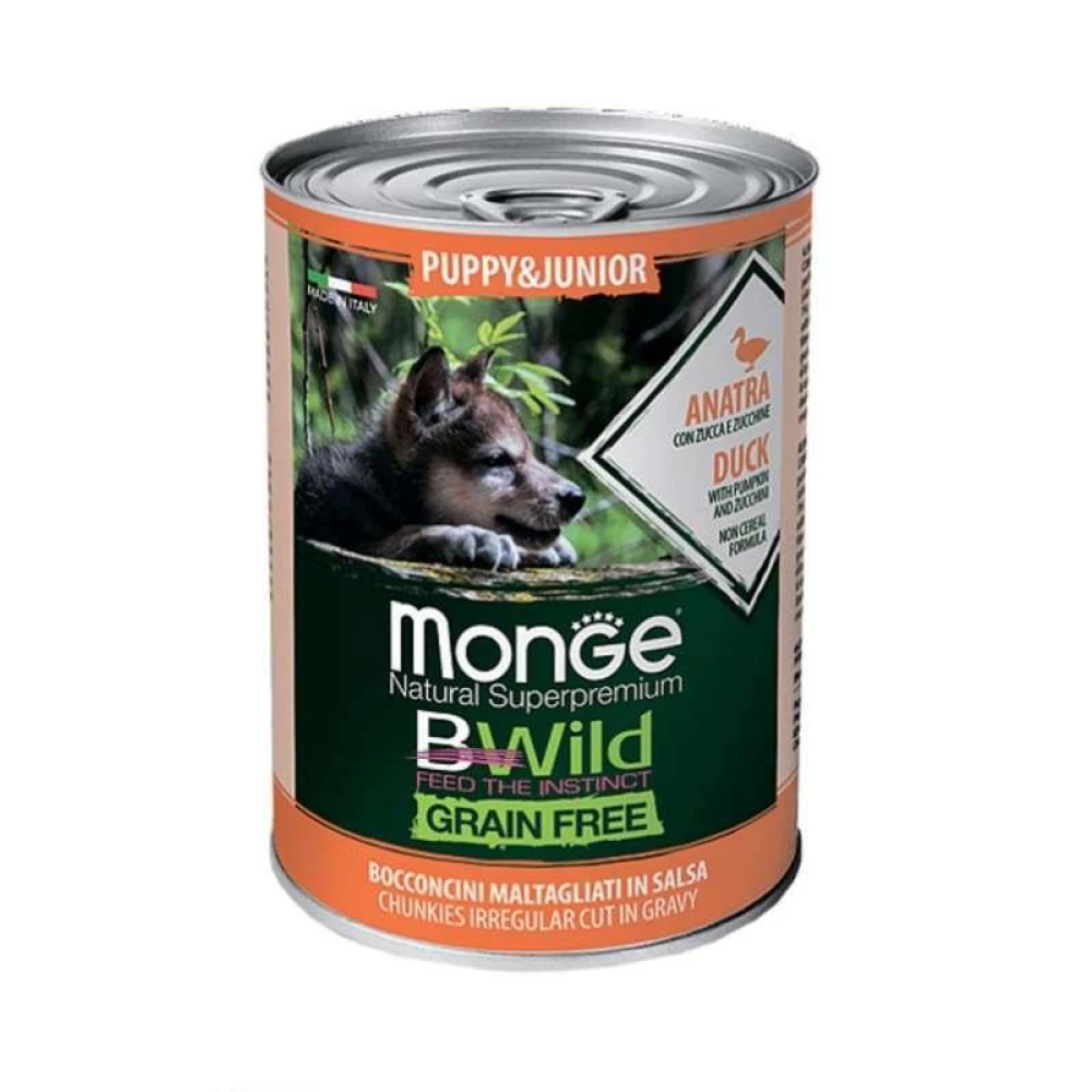 Monge BWild Grain Free Wet Duck Puppy&Junior Консервированный корм из утки для щенков (кусочки в соусе) 400г