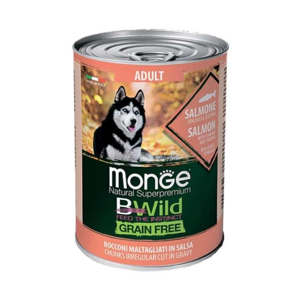 Monge BWild Grain Free Wet Salmon Консервированный корм из лосося для собак всех пород (кусочки в соусе) 400г