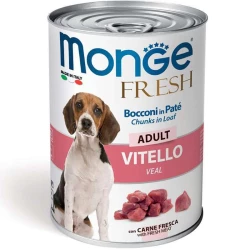 Monge Fresh Dog Veal Консервированный корм с телятиной для взрослых собак всех пород (кусочки в паштете) 400г Monge Fresh Dog Veal Консервированный корм с телятиной для взрослых собак всех пород (кусочки в паштете) 400г