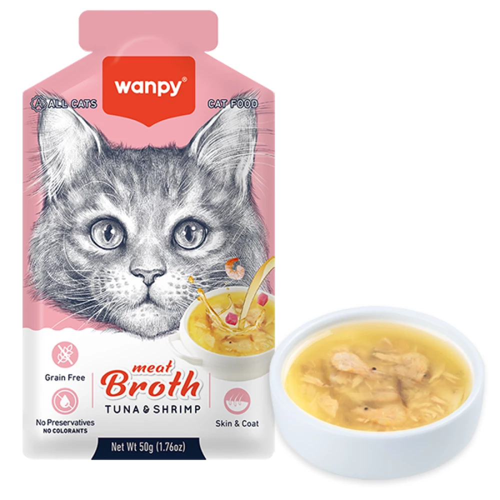 Wanpy Meat Broths Tuna&Shrimp беззерновий рідкий суп з тунцем і креветками для котів, пауч 50г