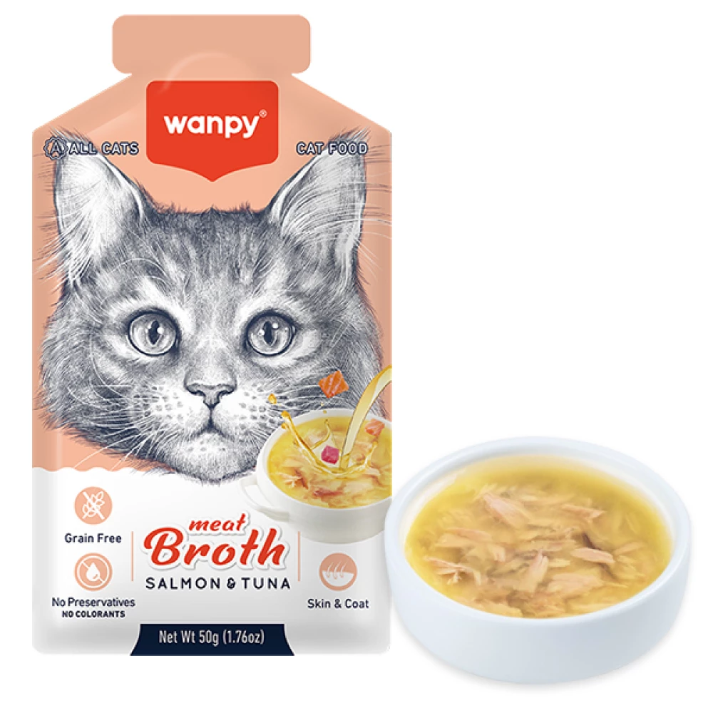 Wanpy Meat Broths Salmon&Tuna беззерновий рідкий суп з лососем і тунцем для котів, пауч 50г